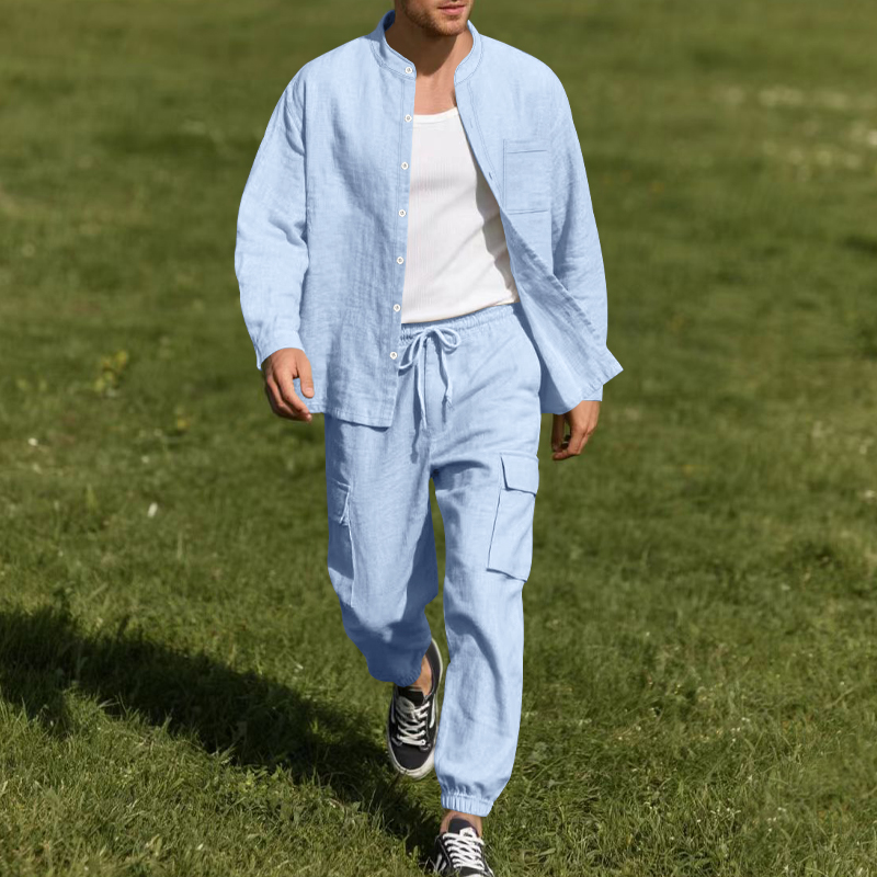 Linen Shirt Summer - メンズリネン通気性ツーピースセット、スタンドカラー長袖シャツとワークパンツ、夏のビーチカジュアルウェア