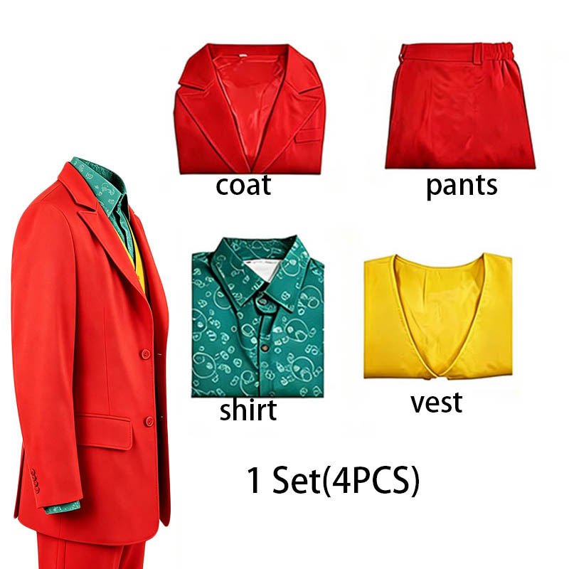 Mens Fashion Blazer - 男性用4点セット カラフルステージ衣装 レッドブレザー イエローベスト プリントグリーンシャツ レッドパンツ