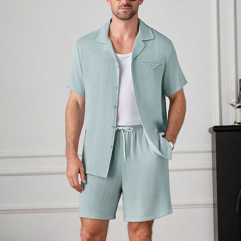 Men'S Fashion Color - 2026年夏 メンズカジュアルスポーツ 無地スーツ 半袖シャツ ショートパンツ ファッション