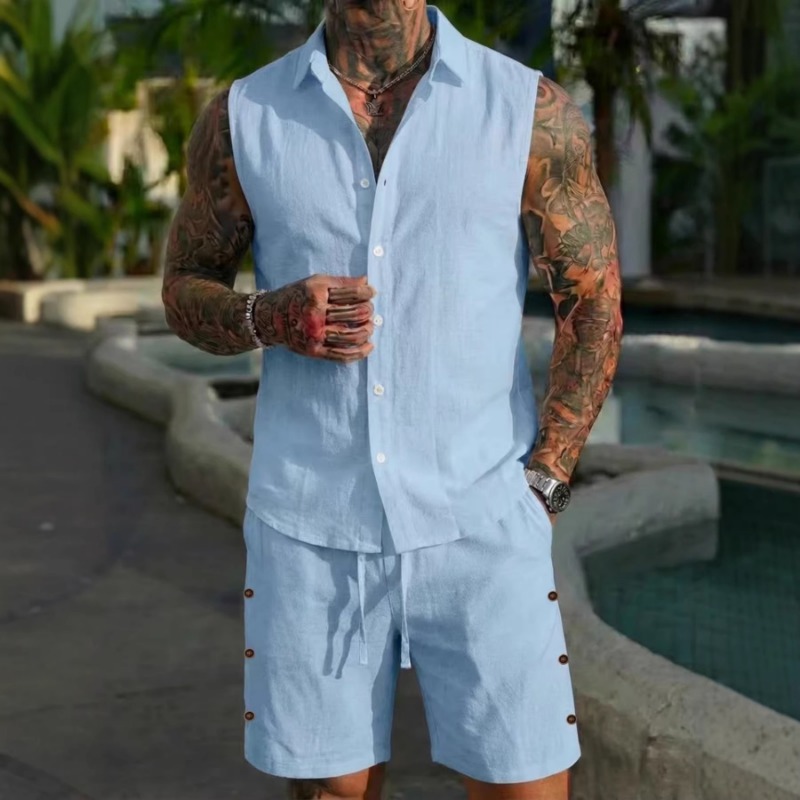 Linen Shirt Summer - メンズ2ピースリネン風ノースリーブショートセット、ボタンダウンシャツ、ドローストリングショーツ、カジュアルビーチウェア、サイドボタンディテール