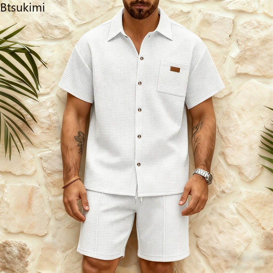 Men'S Fashion Color - メンズカジュアルワッフル無地半袖ショートパンツスーツ夏男性ラペル半袖カーディガンシャツセットファッション男性服