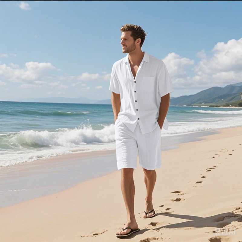 Linen Shirt Summer - メンズリネンブレンドキャンプカラーシャツ＆ショーツセット、無地で通気性のあるカジュアルなツーピースアウトフィット、ビーチバケーションスーツ、夏用
