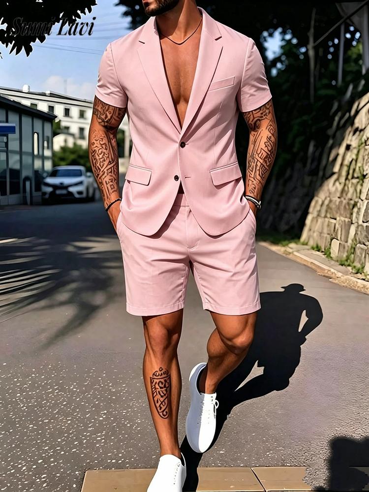 Mens Fashion Blazer - カジュアルメンズソリッドカラースリムブレザーツーピーススーツファッショナブルな半袖シャツとショートパンツ男性衣装夏のヴィンテージセット