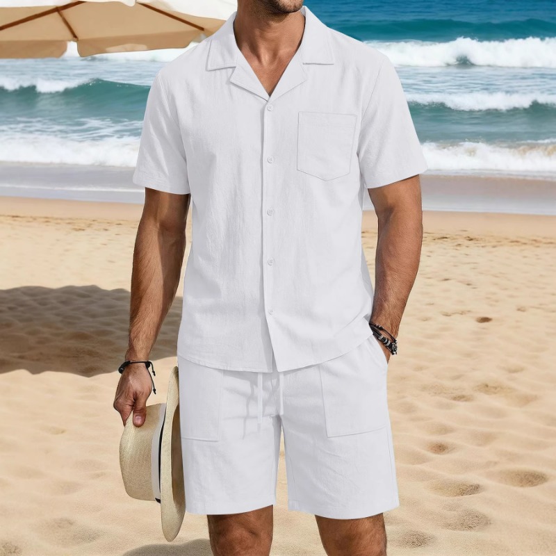 Linen Shirt Summer - メンズサマーコットンリネンバケーションセットキューバカラーシャツとカーゴショーツビーチウェア