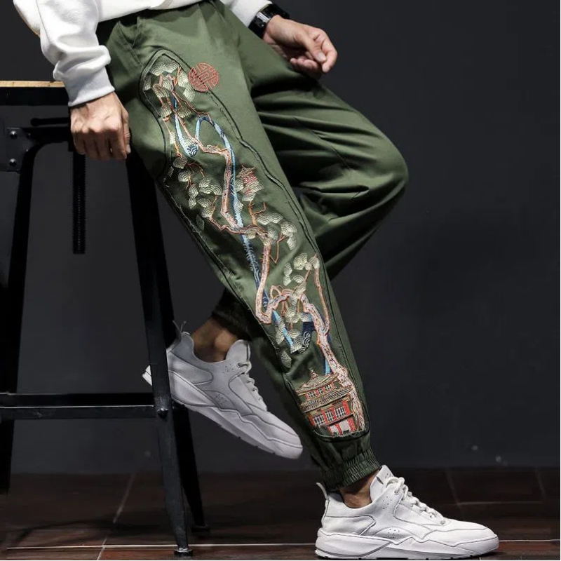 Mens Fashion Young - 男性用の伸縮性ウエストバンド付きプリントパンツ,刺繍入りポケット,流行の服,すべてにマッチ,若いカジュアルパンツ,新しい春と秋のファッション
