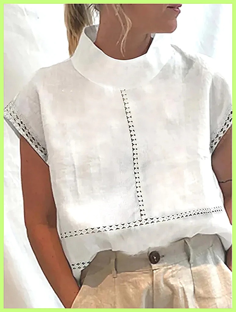 Linen Shirt Summer - レディースコットンリネンプルオーバーシャツ、エレガントなレーストリムスリムフィットスタンドカラートップ、夏のストリートウェアに最適