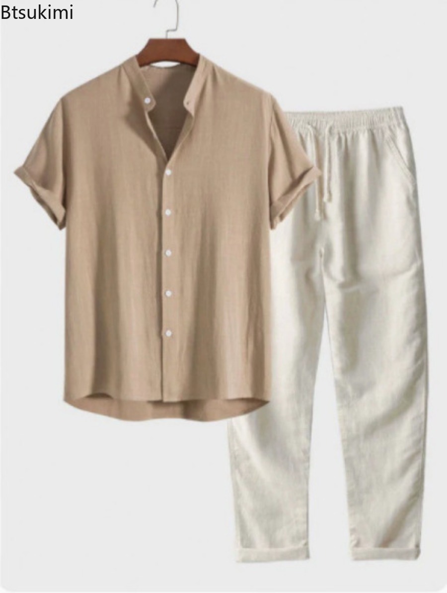Linen Shirt Summer - 2026年メンズファッション無地ビーチツーピースセット夏軽量通気性スタンドカラーシャツとパンツカジュアルアウトフィットトラックスーツ