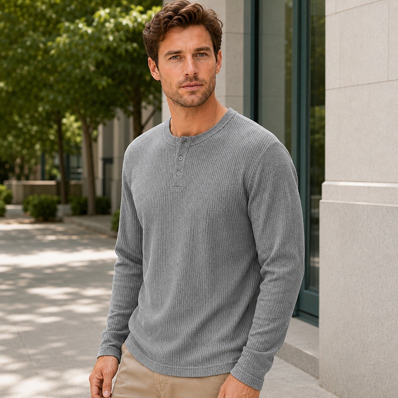 Men'S Fashion Color - メンズシンプルファッション長袖ヘンリーシャツ、カジュアルで多用途な快適トップス、ベーシックな無地ニット長袖トップス