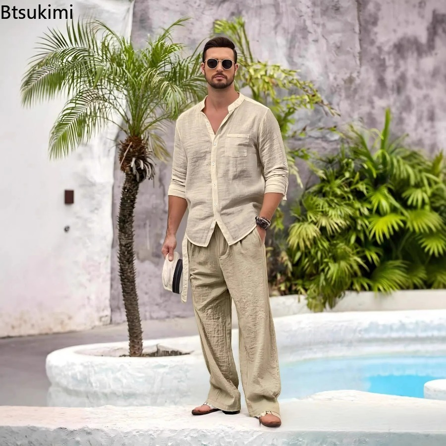 Linen Shirt Summer - メンズカジュアル綿麻2点セット スタンドカラーシャツ モダンポケットリネンパンツ ツーピースアウトフィット 春カジュアルルーズフィットセット