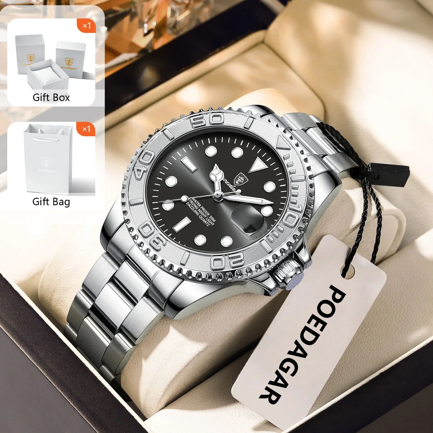 Men'S Fashion Box - POEDAGAR トレンディなスポーツマンウォッチ発光防水ステンレス鋼日付メンズ腕時計高級ビジネスメンズクォーツ時計 + ボックス