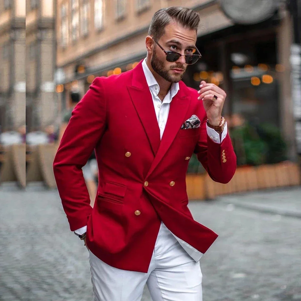 Mens Fashion Blazer - 赤いジャケット、白いパンツ、ダブルブレストのファッショナブルなメンズスーツ、カジュアルスリムフィットブレザー、男性用ハイストリート高品質カスタム2ピースセット