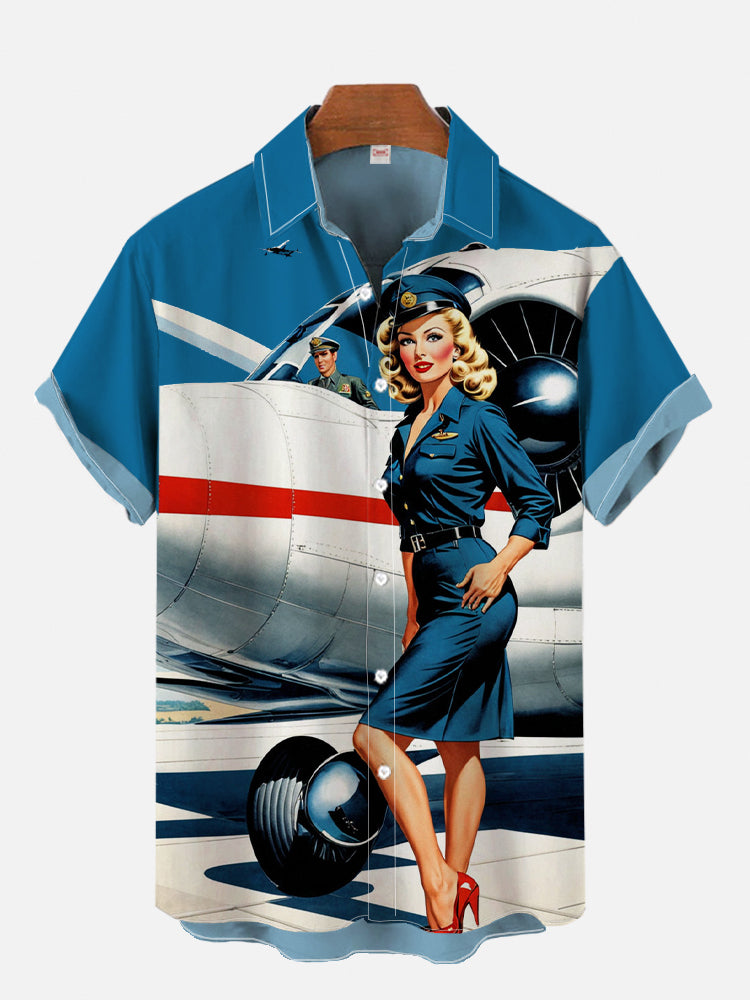 Mens Fashion In 1980S - 1970S-1980S ヴィンテージピンナップガールポスターハワイアンビーチカウガールプリント半袖シャツファッションアロハシャツ男性のための Hrajuku