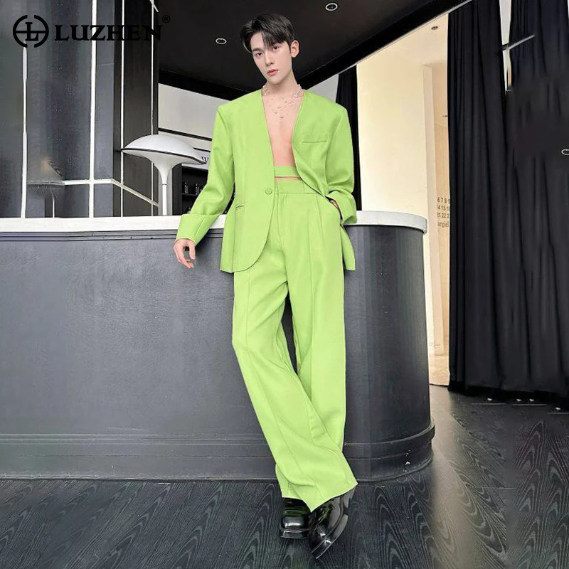 Mens Fashion Blazer - LUZHEN 2026 春の新無地ツーピースセットメンズファッションハンサムストレートカジュアルパンツ男性エレガントなブレザーコート JY6207