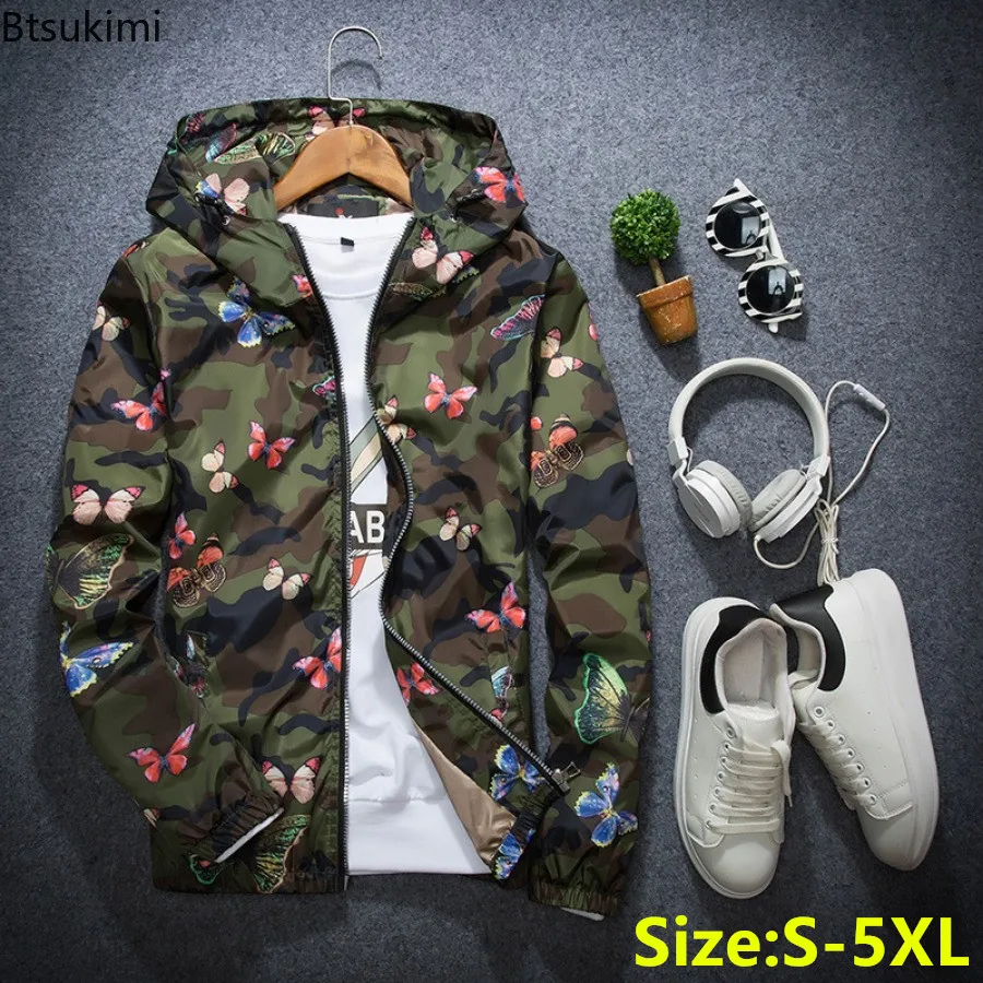 Mens Fashion Young - 2026 春の新メンズ迷彩フード付きジャケットファッション蝶プリントルーズカジュアルコート男性フード防風アウターウェア若いティーン