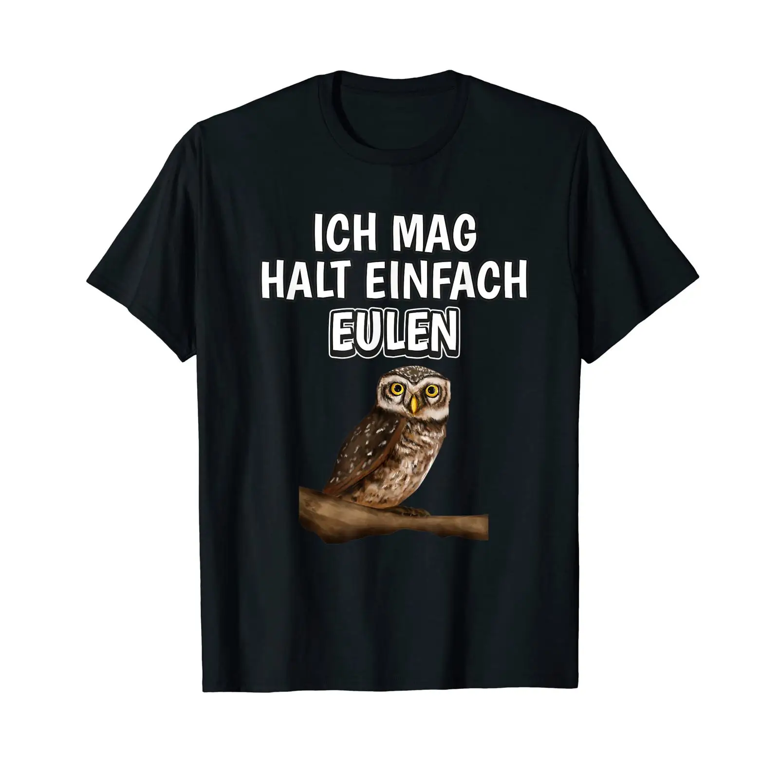 Men'S Fashion Mag - ドイツ語の文字が入ったTシャツ「Ich mag halt einfach Eulen」、ブラック、ヴィンテージ、ウォッシュ加工、メンズ、スタイリッシュ、ストレッチ素材、ファッション、通気性。
