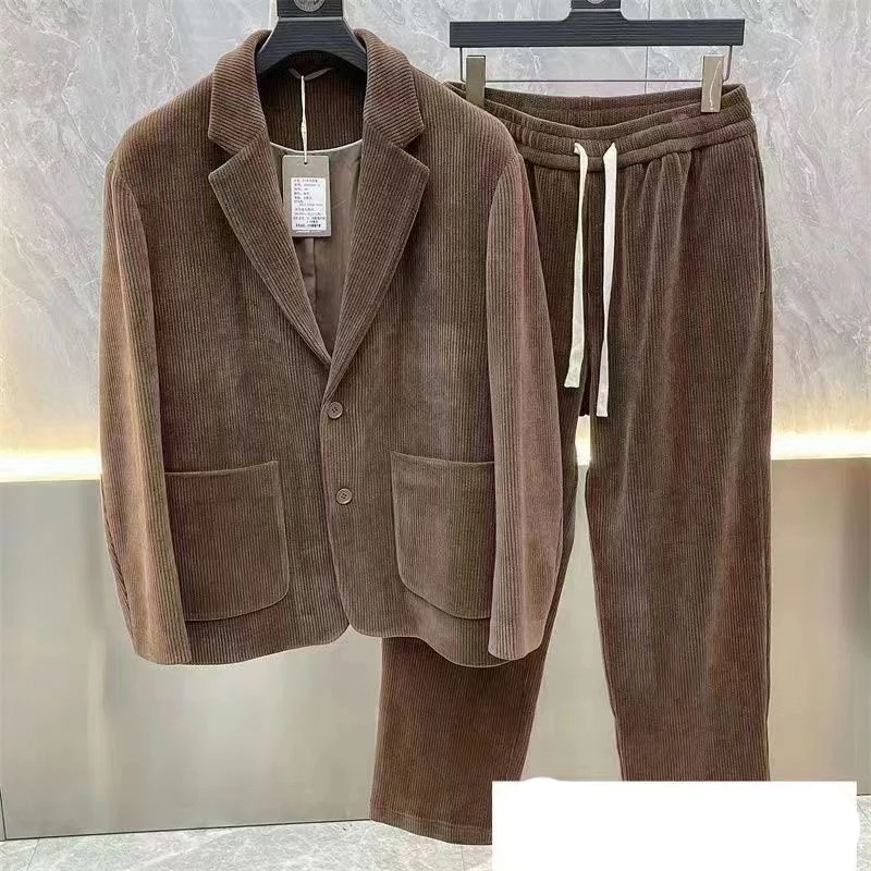 Mens Fashion Blazer - ファッションスーツメンズ春秋長袖ハイエンドカジュアル韓国スリムツーピースセットソリッドリンクルブレザー裏地付き衣装