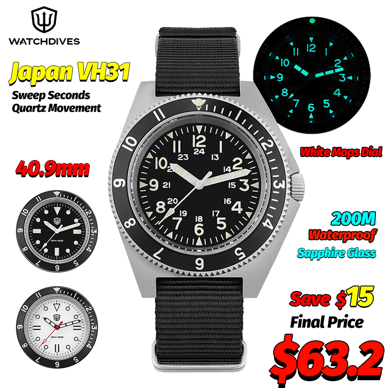 Men'S Fashion Box - Watchdives WD1972 クォーツ時計サファイア夜光メンズ腕時計 VH31 スイープ秒ムーブメント 20Bar