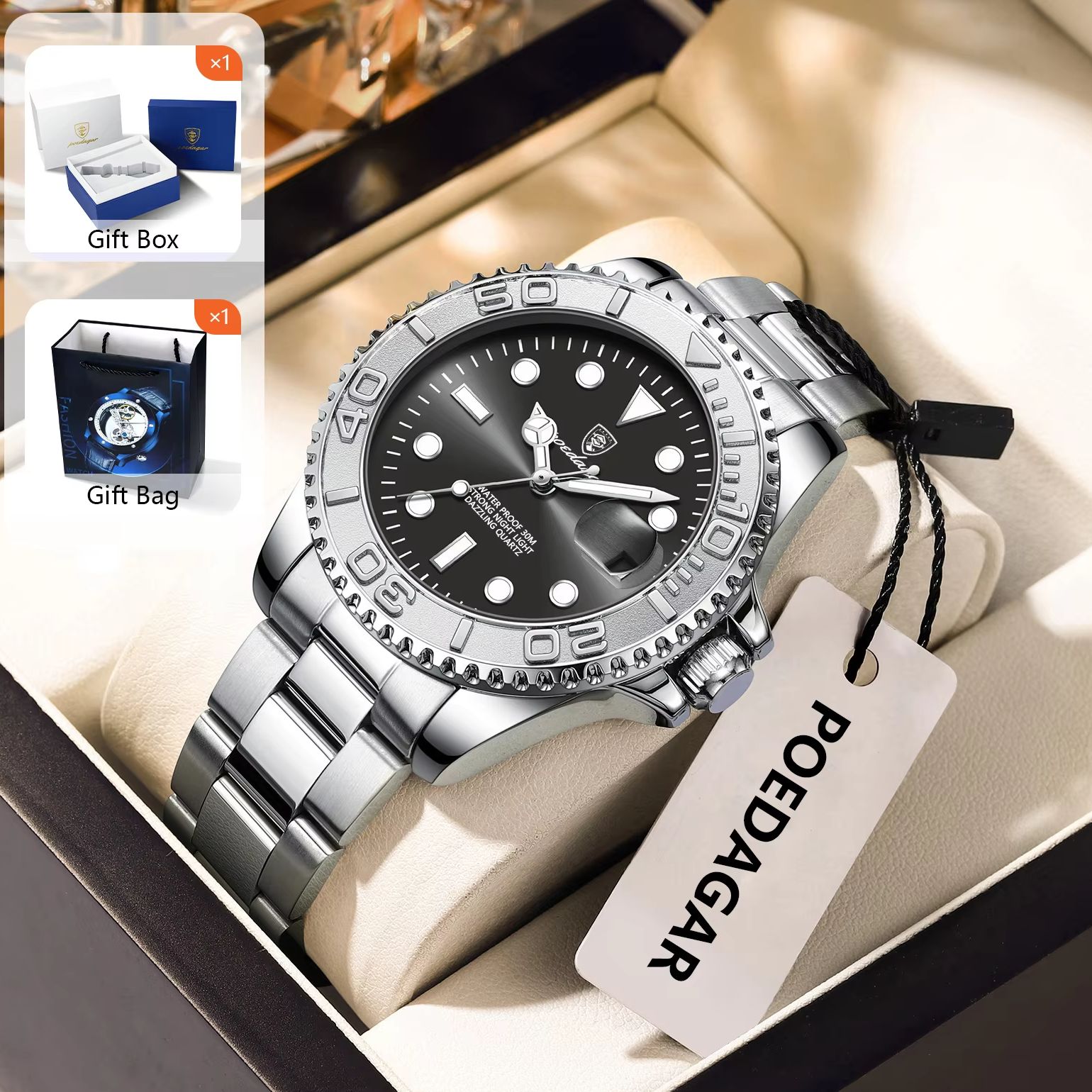 Men'S Fashion Box - POEDAGAR ファッション男性腕時計発光防水ステンレス鋼メンズ腕時計日付ビジネスクォーツメンズ腕時計ギフトボックス付き