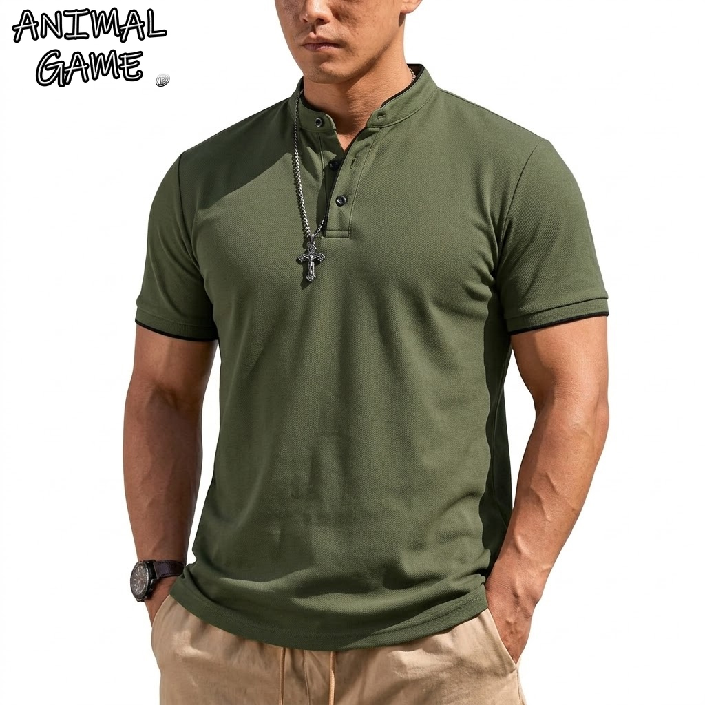 Men'S Fashion Polo - 夏半袖ヘンリーシャツ男性ボタンポロシャツクラシック襟なし Tシャツ男性用高級通気性ハイキング Tシャツジム