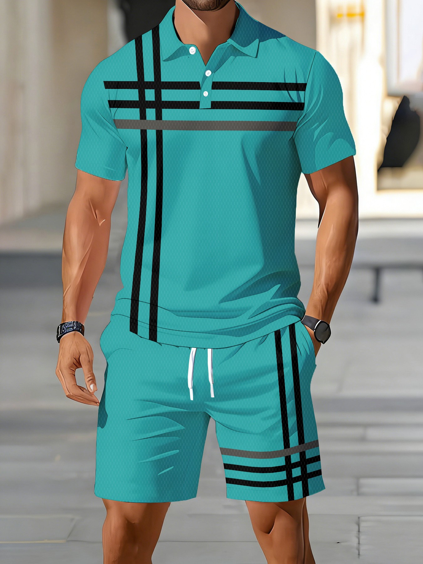Men'S Fashion Polo - 2026年夏 アメリカンメンズポロシャツセット ストリートカジュアルファッション ソフトで快適な3Dストライプ柄プリント入り