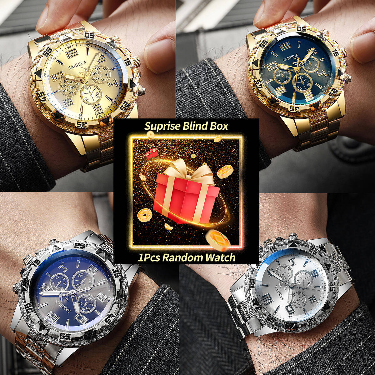 Men'S Fashion Box - 1PC サプライズミステリー腕時計ブラインドボックス-メンズビジネス腕時計ファッションアラビアダイヤルスチールバンド男性のクォーツ時計リロイ Hombre