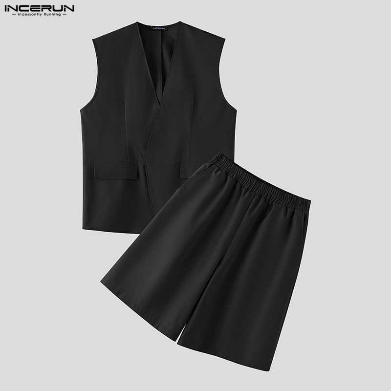 Men'S Fashion Color - INCERUN メンズセット ソリッドカラー Vネック ノースリーブベスト＆ショーツ ツーピースセット