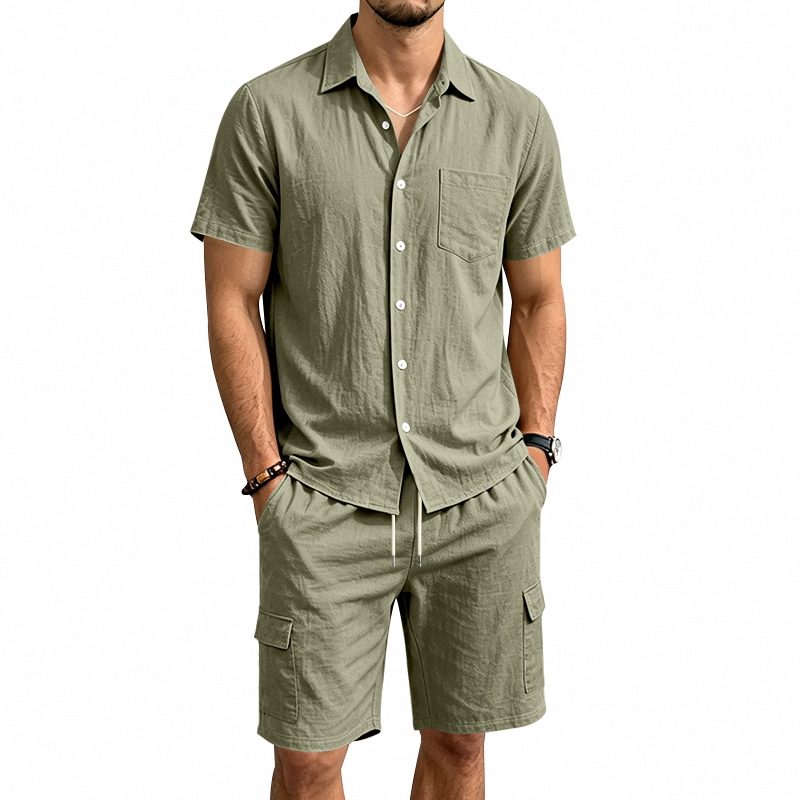 Linen Shirt Summer - メンズ夏アメリカンリネンツーピースセット半袖シャツドローストリングカーゴショーツルーズカジュアルアウトドア通勤休暇衣装
