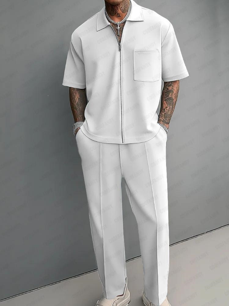 Men'S Fashion Polo - メンズ2ピースアウトフィット、ハーフジップポロシャツ、半袖、ストレートレッグパンツセット、カジュアル無地ニットトラックスーツ、ストリートウェアスーツ