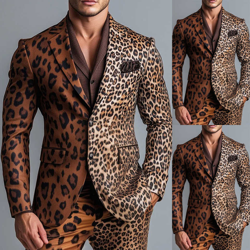 Mens Fashion Blazer - ファッション 2 ピース男性用スーツヒョウジャケットタキシードフォーマルパーティーブレザーセットシングルブレストビジネスカジュアルカスタマイズ