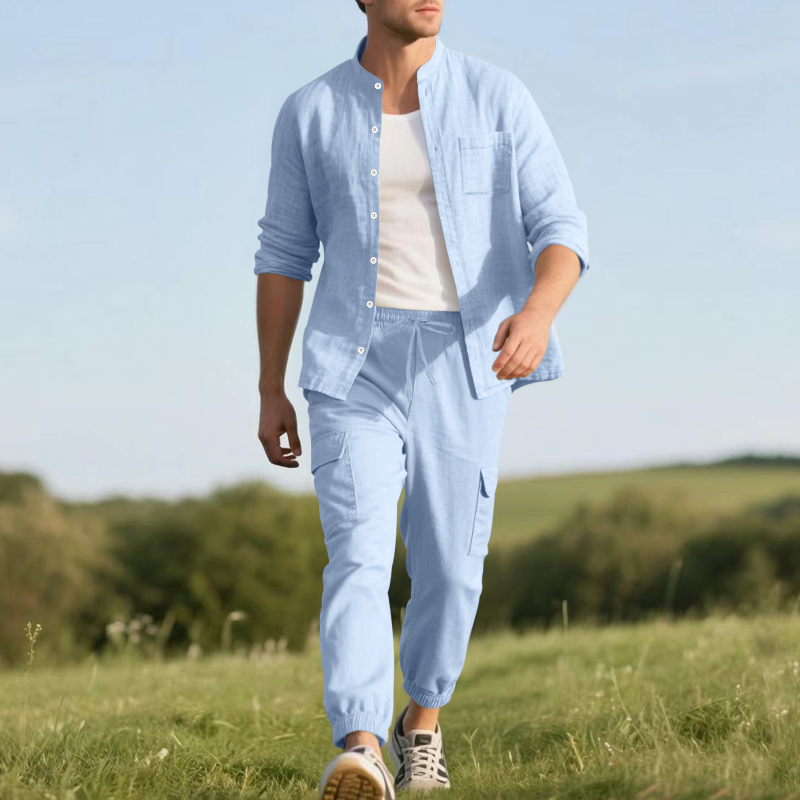 メンズリネン通気性ツーピースセット、スタンドカラー長袖シャツ - Linen Shirt Summer のレビューと価格