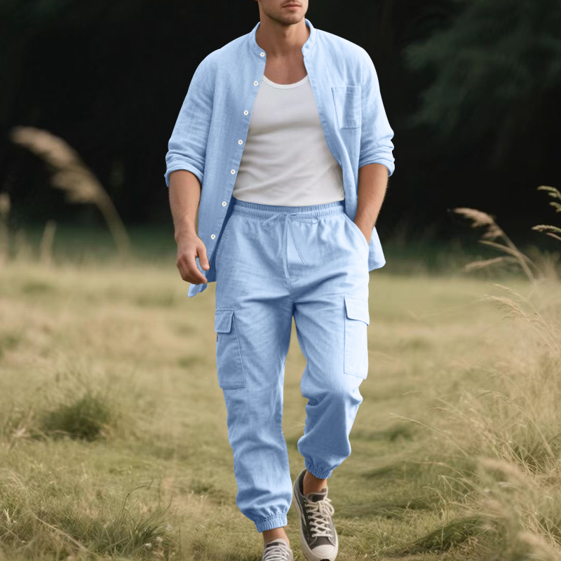 メンズリネン通気性ツーピースセット、スタンドカラー長袖シャツ - Linen Shirt Summer のレビューと価格