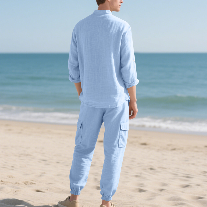 メンズリネン通気性ツーピースセット、スタンドカラー長袖シャツ - Linen Shirt Summer のレビューと価格