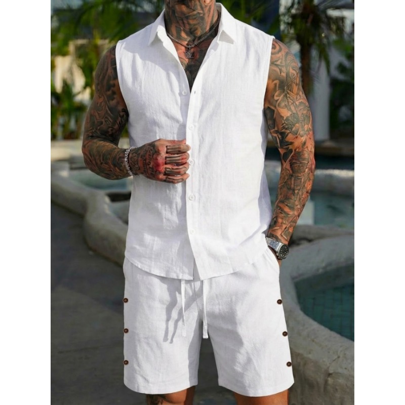 メンズ2ピースリネン風ノースリーブショートセット、ボタンダウ - Linen Shirt Summer のレビューと価格