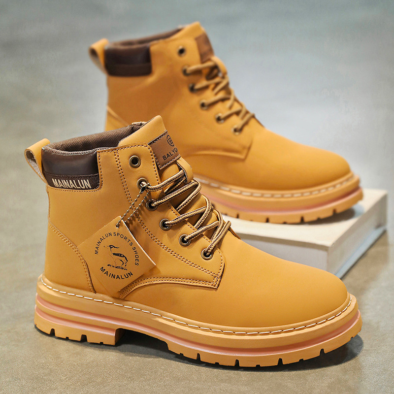 クラシックメンズハイカットブーツ高品質イエローレザーブーツフ - Mens Fashion Show のレビューと価格