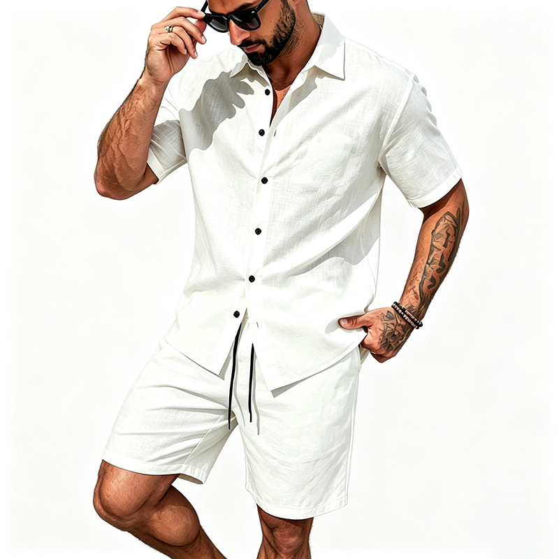 男性リネンツーピース衣装半袖ラペルボタンシャツ弾性ドロースト - Linen Shirt Summer のレビューと価格