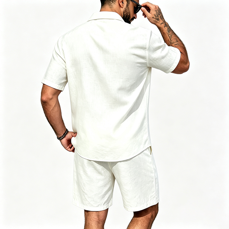 男性リネンツーピース衣装半袖ラペルボタンシャツ弾性ドロースト - Linen Shirt Summer のレビューと価格