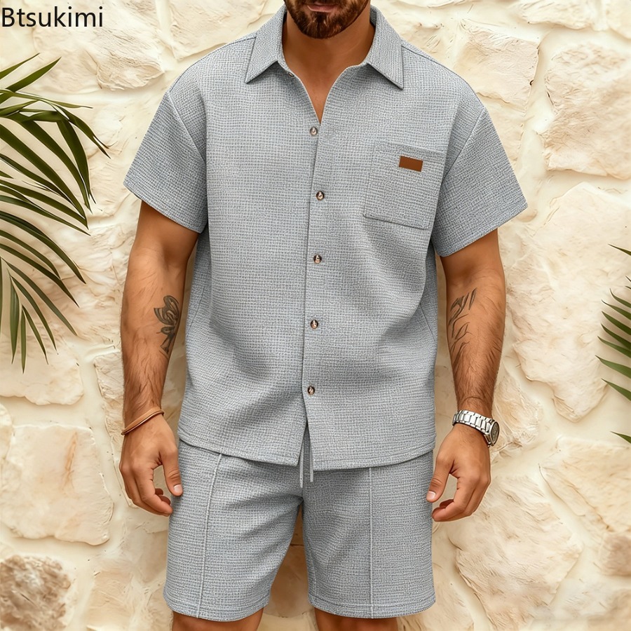 メンズカジュアルワッフル無地半袖ショートパンツスーツ夏男性ラ - Men'S Fashion Color のレビューと価格
