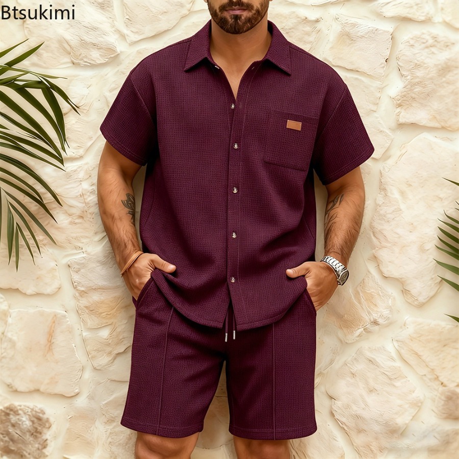 メンズカジュアルワッフル無地半袖ショートパンツスーツ夏男性ラ - Men'S Fashion Color のレビューと価格