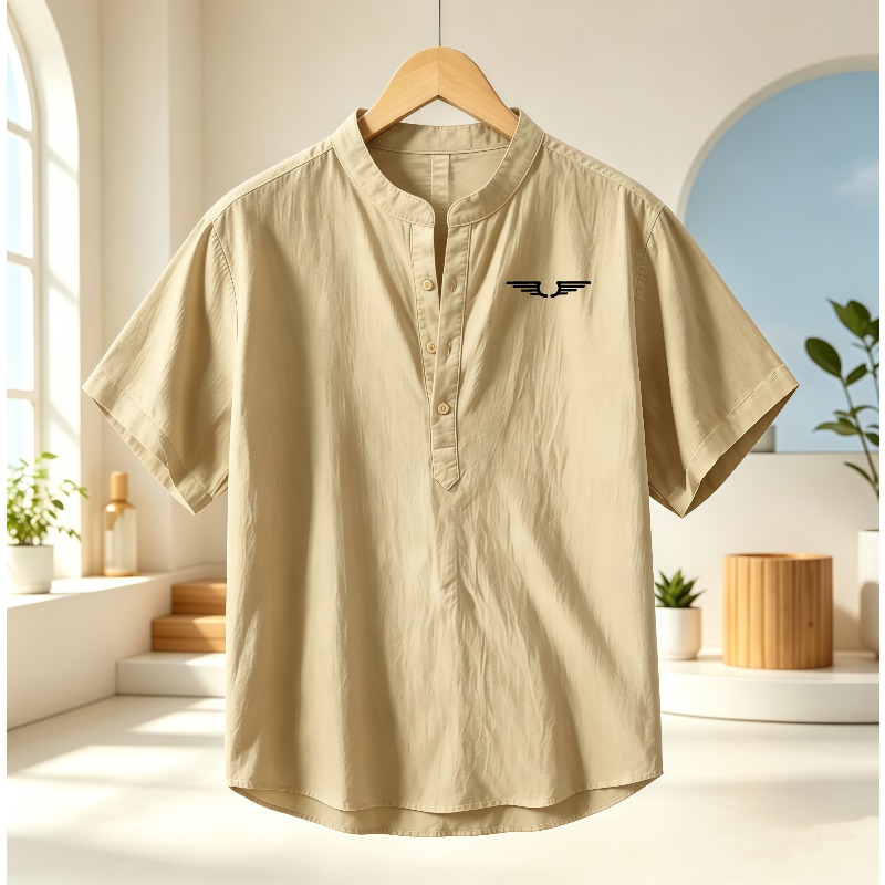 メンズ綿麻ヘンリーカラー半袖シャツ、柄プリント入り通気性カジ - Linen Shirt Summer のレビューと価格