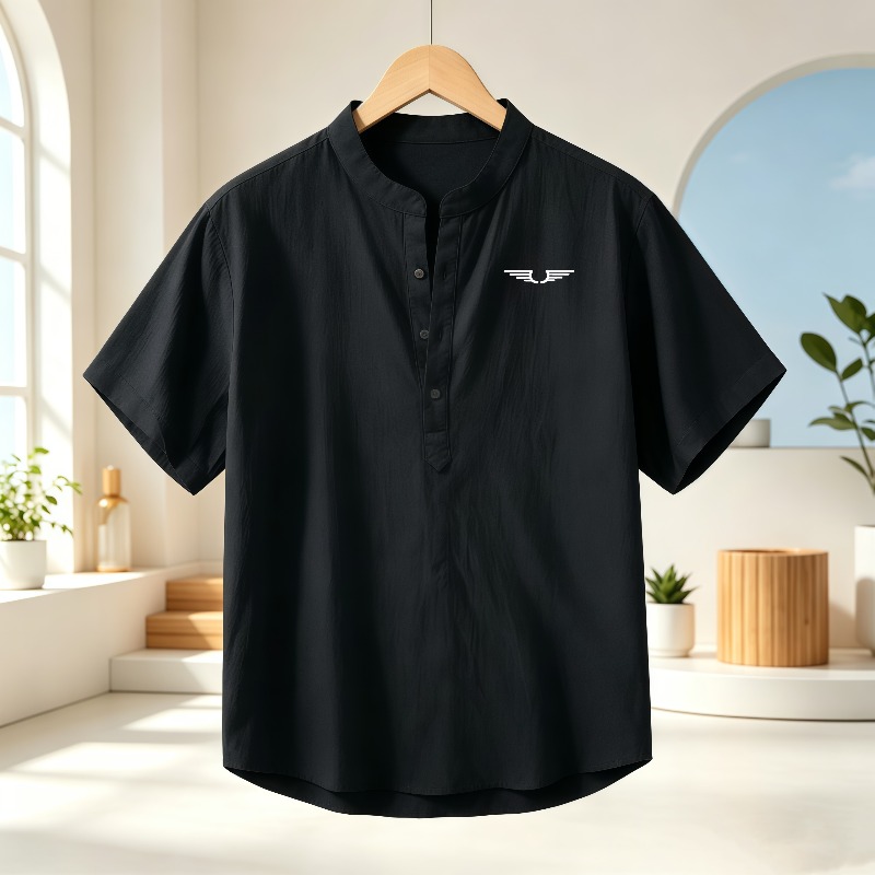 メンズ綿麻ヘンリーカラー半袖シャツ、柄プリント入り通気性カジ - Linen Shirt Summer のレビューと価格