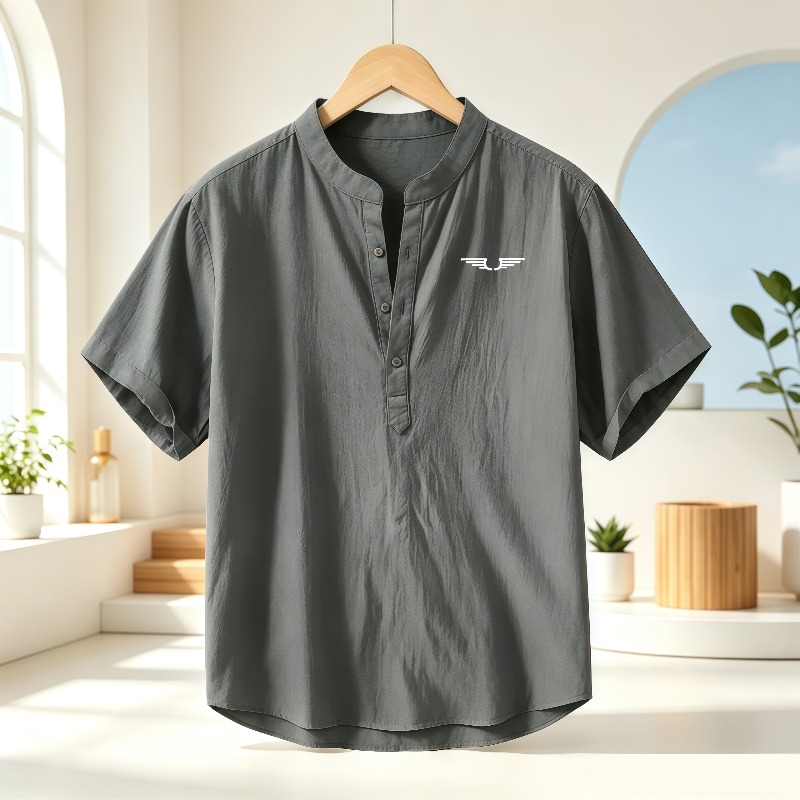メンズ綿麻ヘンリーカラー半袖シャツ、柄プリント入り通気性カジ - Linen Shirt Summer のレビューと価格