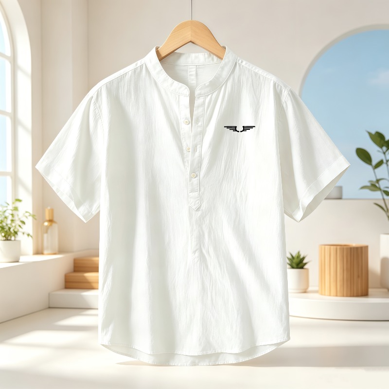メンズ綿麻ヘンリーカラー半袖シャツ、柄プリント入り通気性カジ - Linen Shirt Summer のレビューと価格