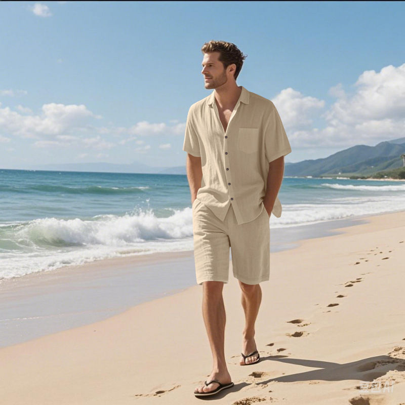 メンズリネンブレンドキャンプカラーシャツ＆ショーツセット、無 - Linen Shirt Summer のレビューと価格