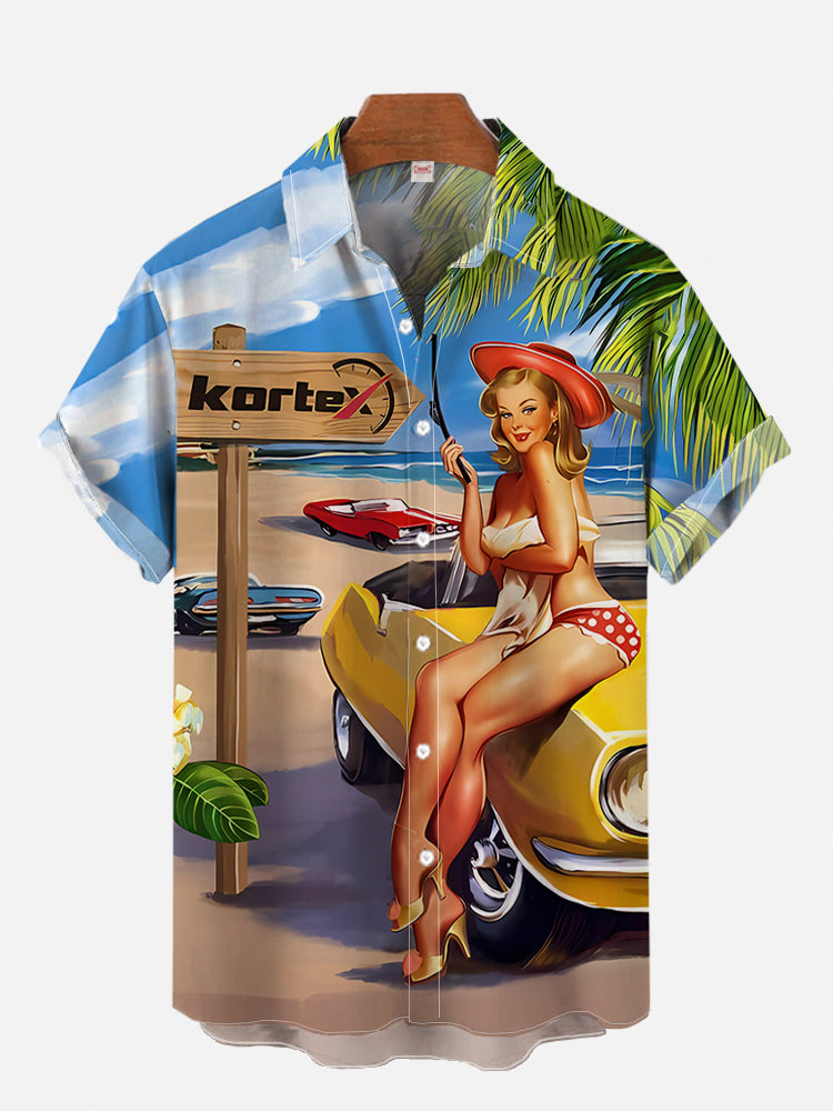 メンズヴィンテージピンアップ女の子ポスターハワイアンTシャツ - Mens Fashion In 1980S のレビューと価格