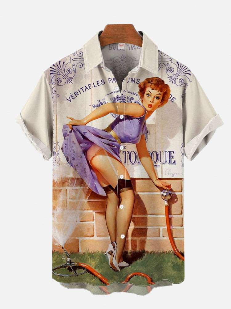 メンズヴィンテージピンアップ女の子ポスターハワイアンTシャツ - Mens Fashion In 1980S のレビューと価格