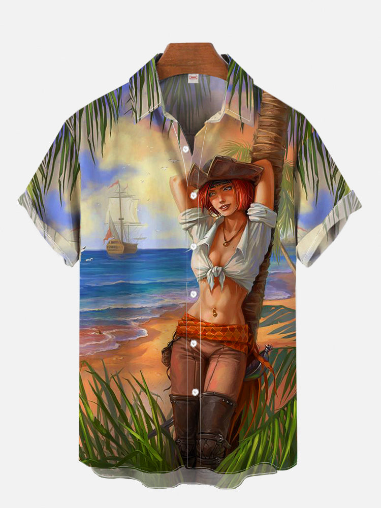 メンズヴィンテージピンアップ女の子ポスターハワイアンTシャツ - Mens Fashion In 1980S のレビューと価格