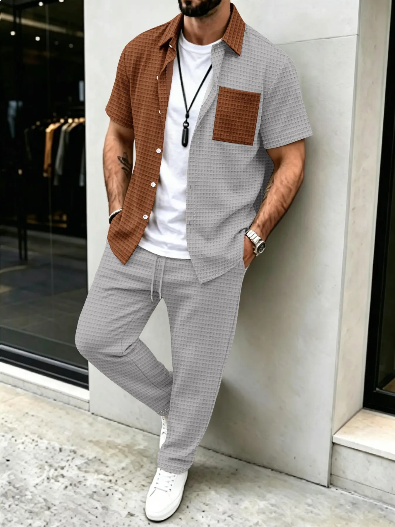 メンズ無地ワッフル柄カジュアル、カラーブロックデザインシャツ - Men'S Fashion Color のレビューと価格