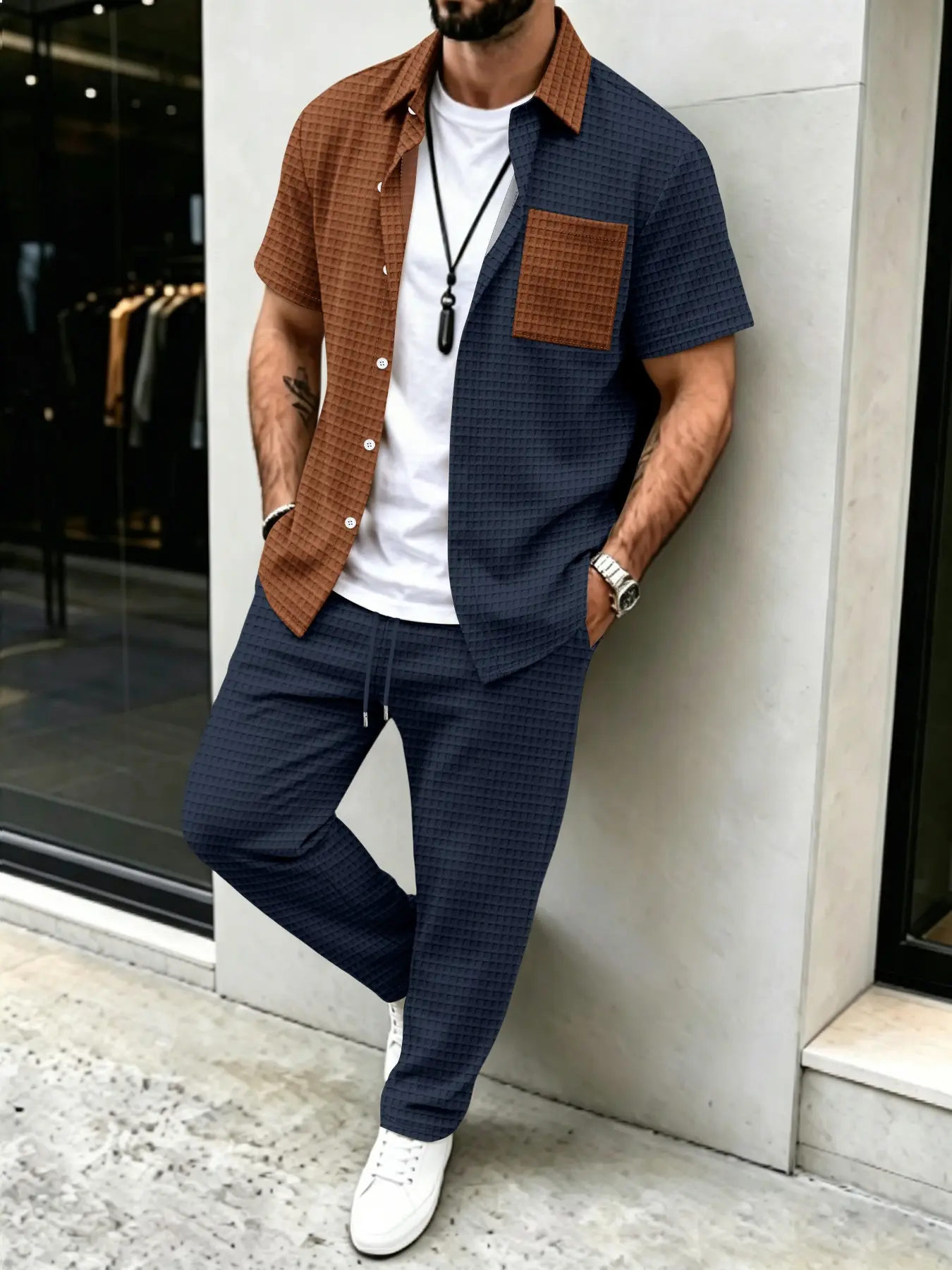 メンズ無地ワッフル柄カジュアル、カラーブロックデザインシャツ - Men'S Fashion Color のレビューと価格
