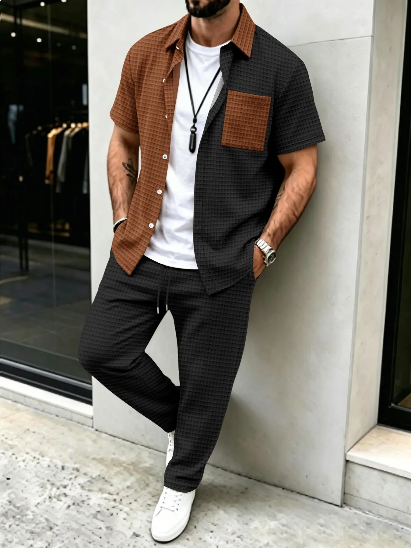 メンズ無地ワッフル柄カジュアル、カラーブロックデザインシャツ - Men'S Fashion Color のレビューと価格