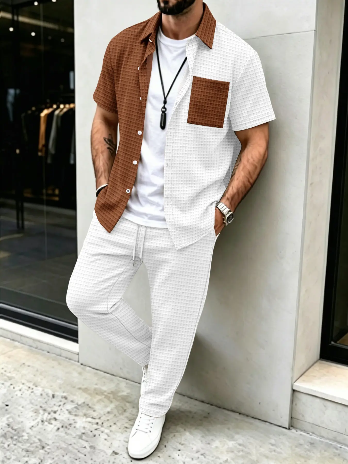 メンズ無地ワッフル柄カジュアル、カラーブロックデザインシャツ - Men'S Fashion Color のレビューと価格